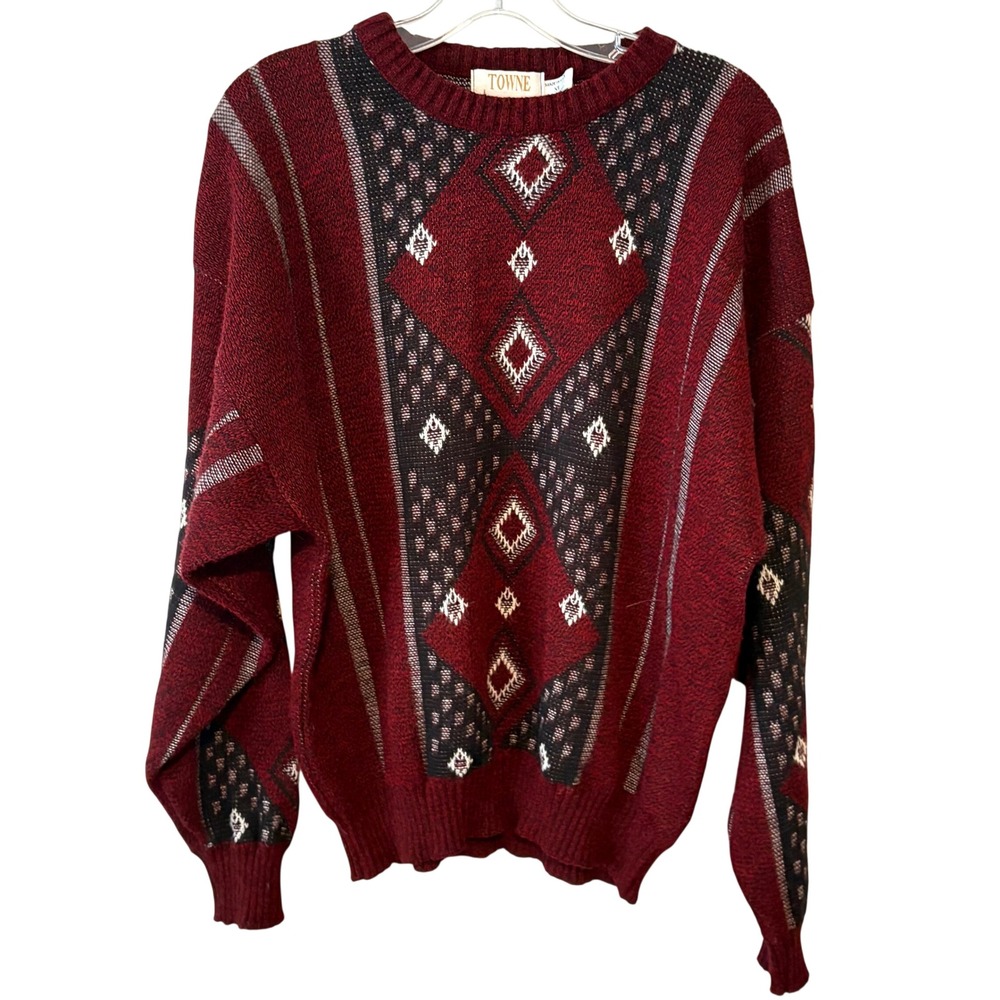 Towne by London Fog Vintage Men's Burgundy Navy Patterned Sweater in Size XL